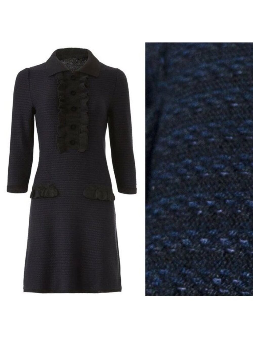 Aldomartins Wool Ruffle Bib Knit Striped Mini Shirtdress XL Black Blue